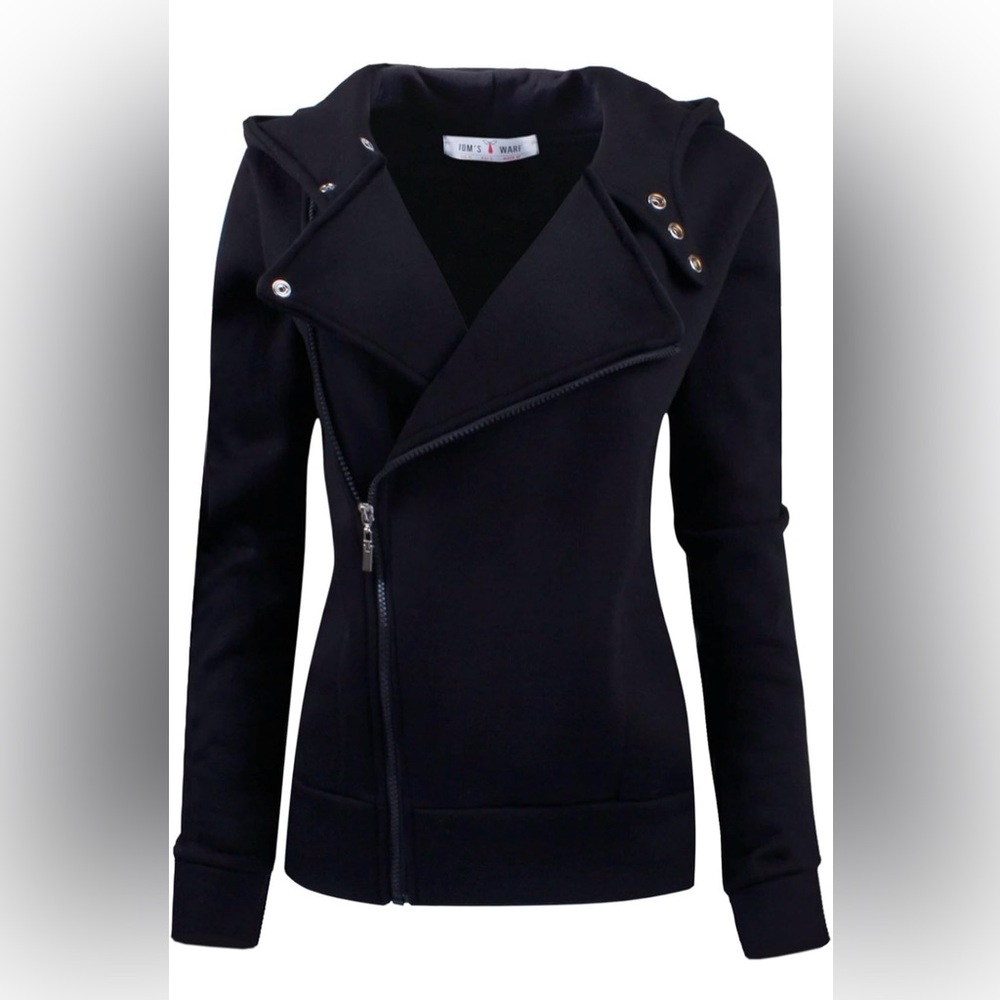 Tomsware Women Black Asymmetrical Slim fit Zip-up Hoodie Jacket TWHD1003-BLACK-M